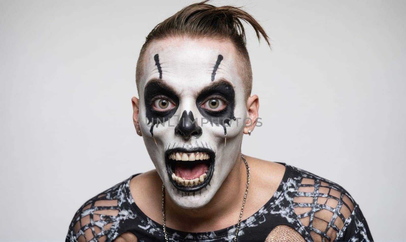 A man with short brown hair is wearing white face paint with black details, making his face look like a skull. He is wearing a black shirt with white cutouts and a chain necklace.