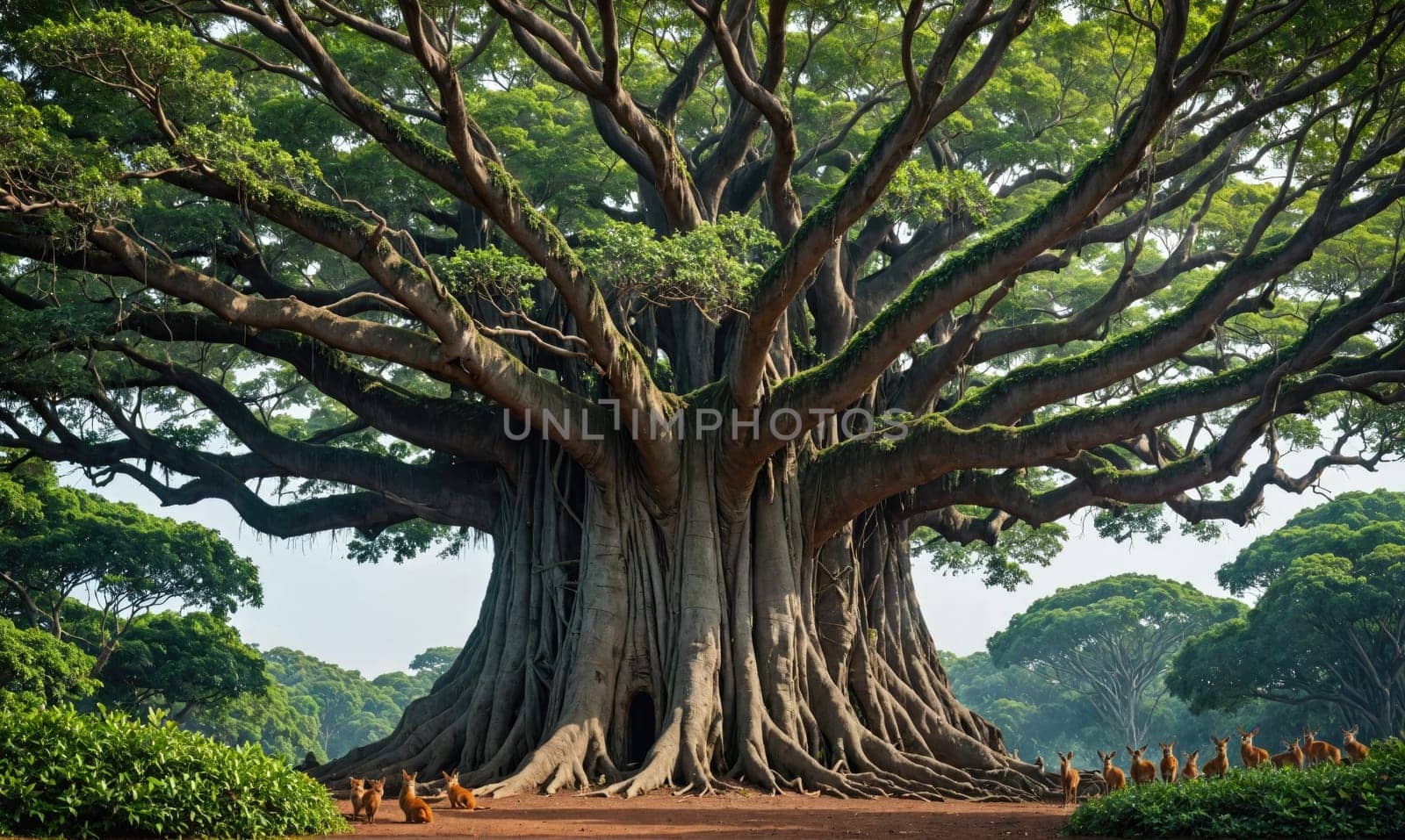 A large, old tree with thick roots and branches stands in a lush, green forest. The branches spread out wide, creating a canopy of leaves that shade the ground below.