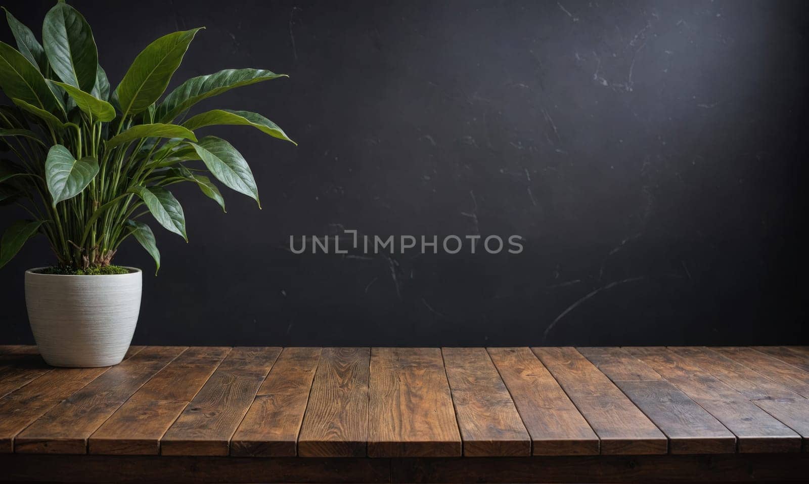 A white pot with a green leafy plant sits on a brown wooden table with a black wall behind it.