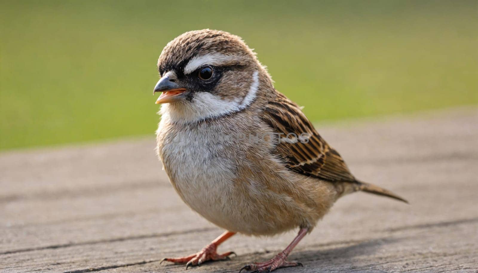 A small sparrow with brown feathers, a white stripe above its eyes, and a small orange beak stands on a wooden surface. The background is out of focus, but appears to be green grass or a grassy area.