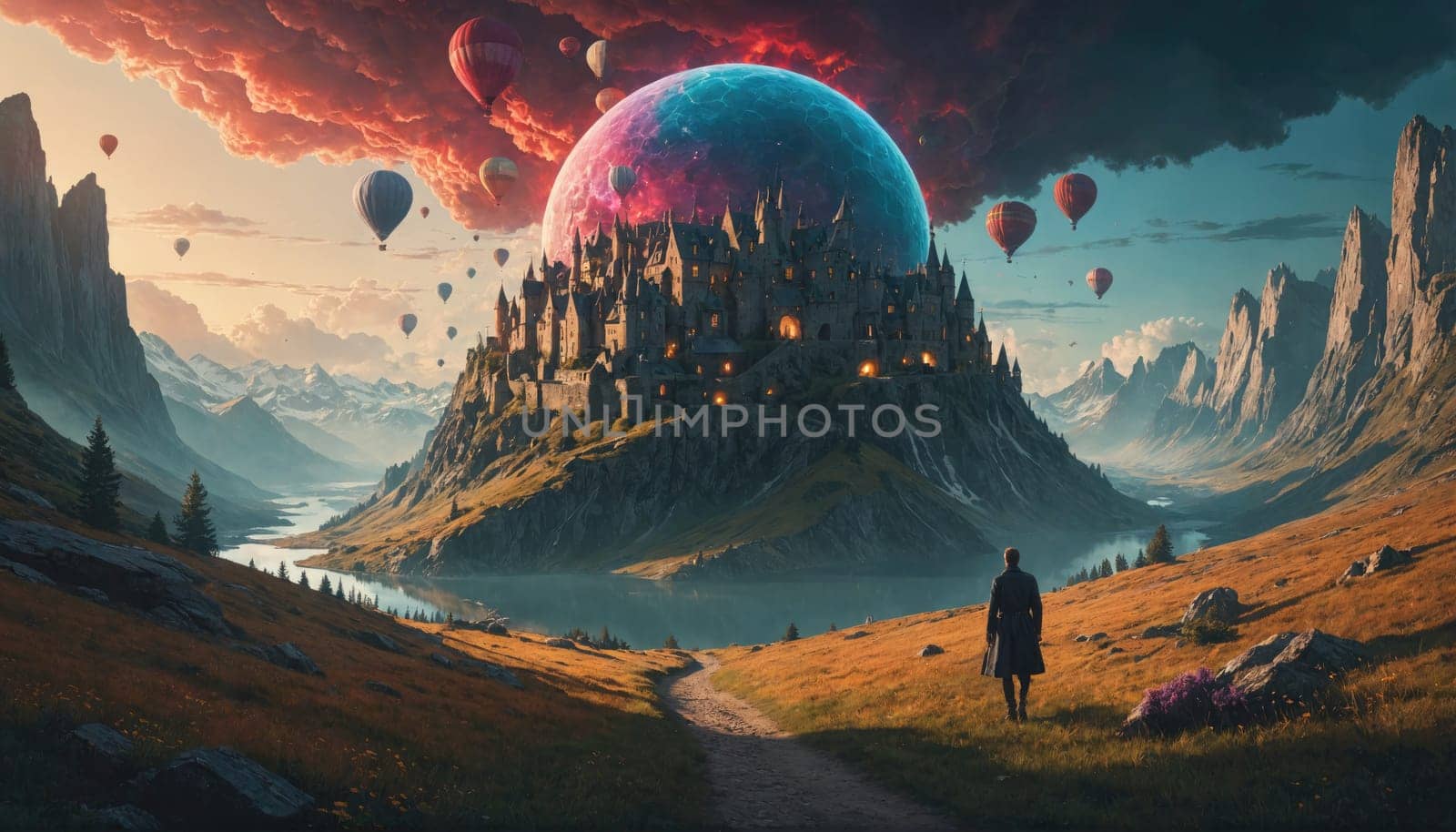 A solitary figure walks along a path toward a large, imposing castle built into a mountain. The castle is surrounded by an array of hot air balloons in the sky.