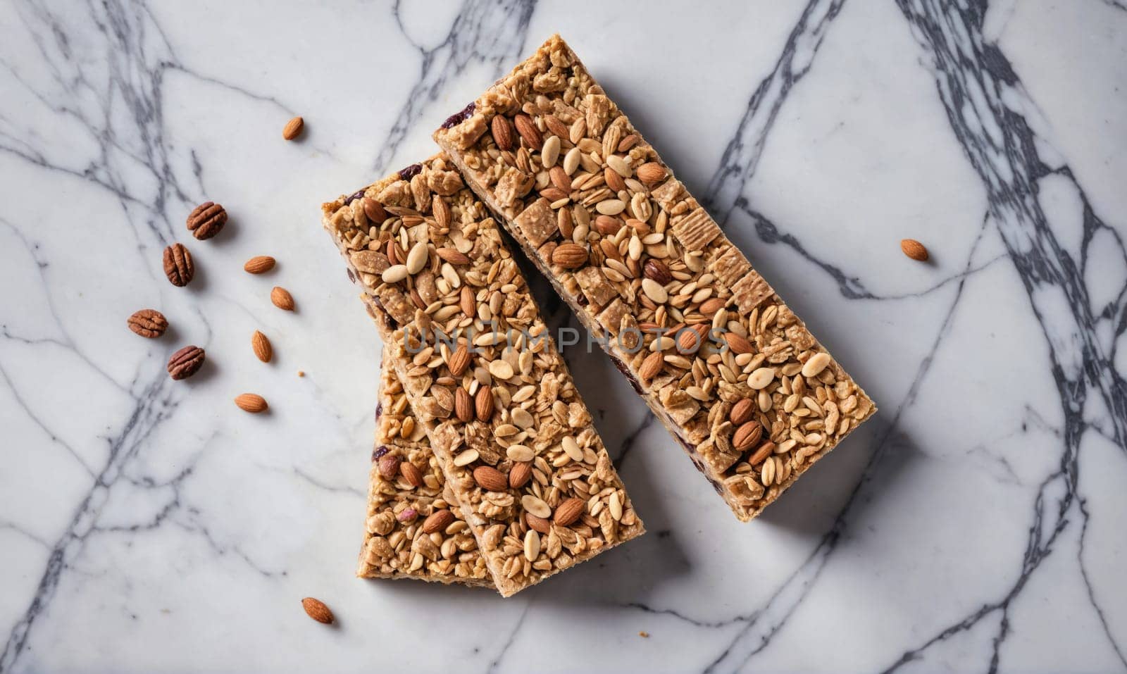 Three granola bars, each topped with almonds, pecans, and sunflower seeds, are arranged on a white marble surface.