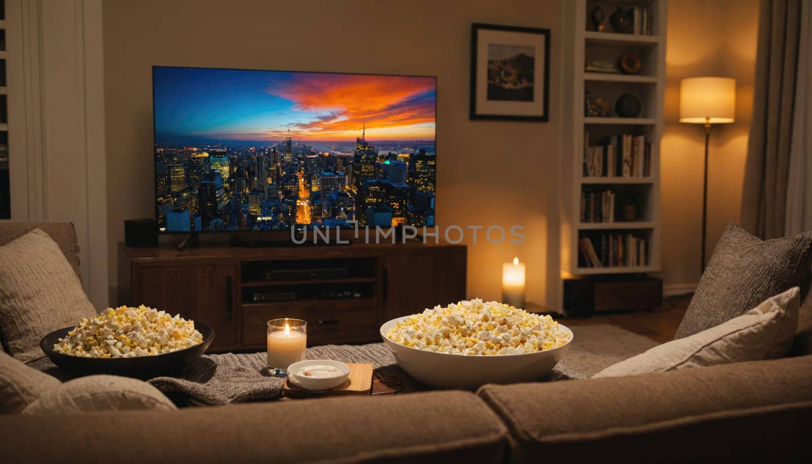 A living room with a large television playing a cityscape at sunset. On the coffee table in front of the couch are two bowls of popcorn and a lit candle. The couch is brown and has pillows on it.