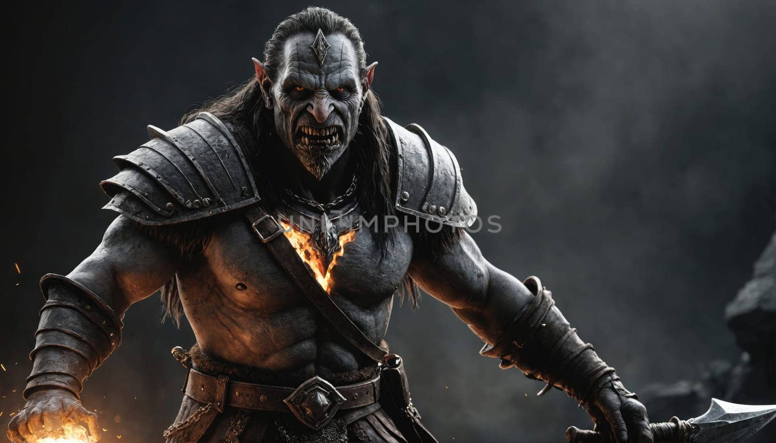 A muscular orc warrior wearing dark armor and a horned helmet stands in a menacing pose.