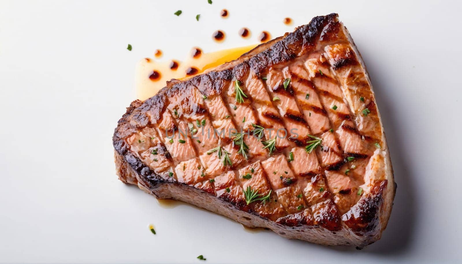 A single, grilled salmon steak rests on a white plate, topped with sprigs of rosemary. Drizzles of a dark sauce are visible on the plate.
