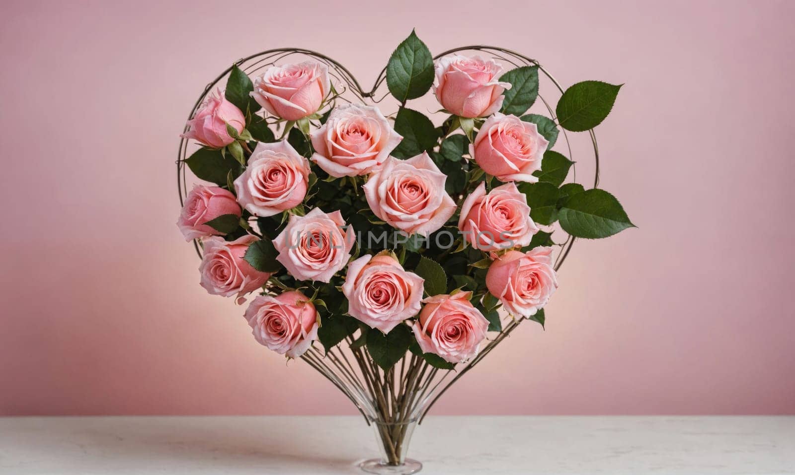 A bouquet of pink roses is arranged in a heart-shaped wire frame. The roses are in full bloom and have a delicate, soft pink hue. The bouquet is sitting on a white surface against a pink background.