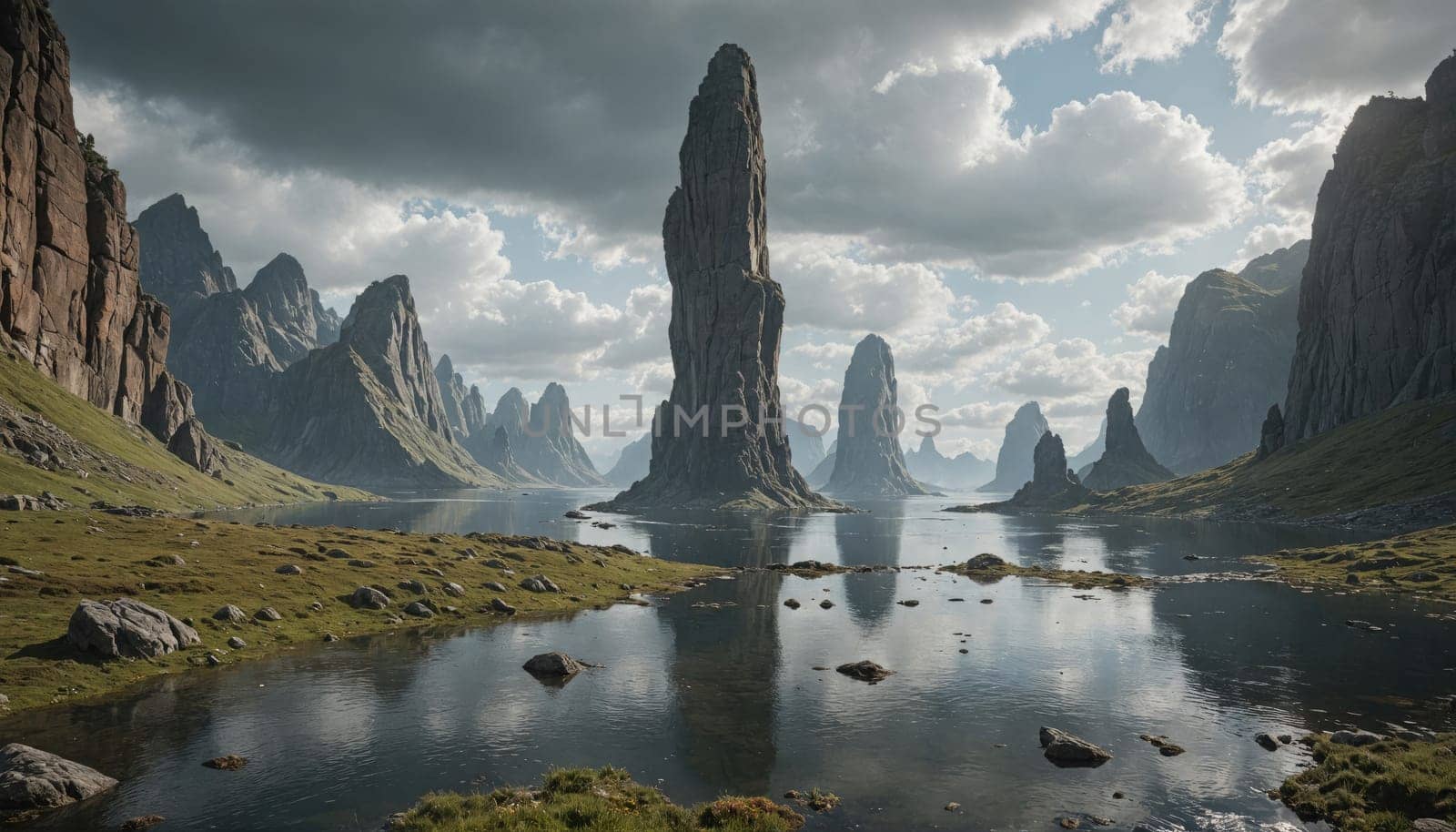 The image shows a wide shot of a mountainous landscape with a lake in the foreground. A tall, rocky spire stands out in the middle of the scene, with other smaller peaks surrounding it.