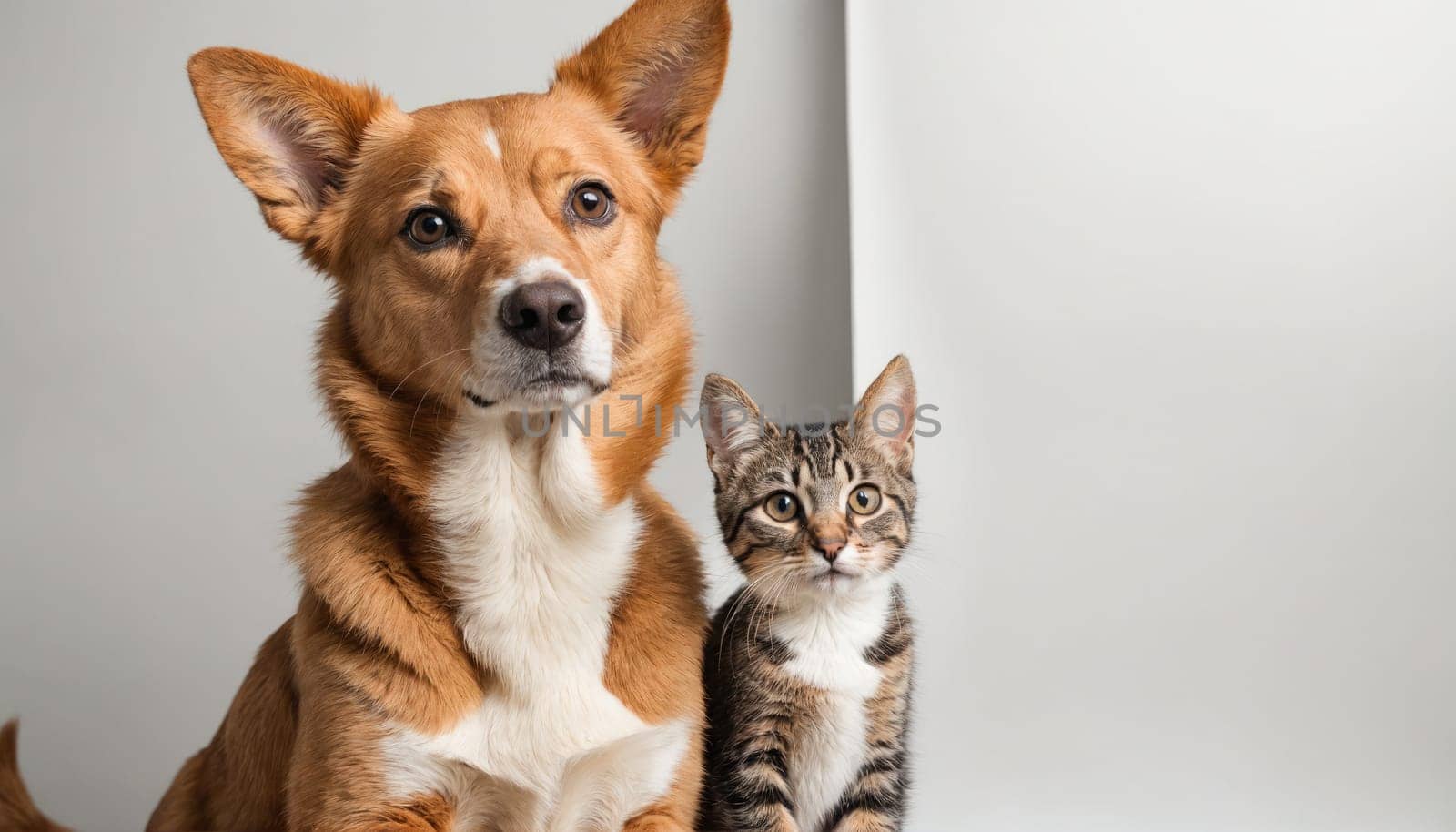 A brown and white dog with large floppy ears sits next to a tabby cat. The dog is looking at the camera, while the cat is looking up and to the right.