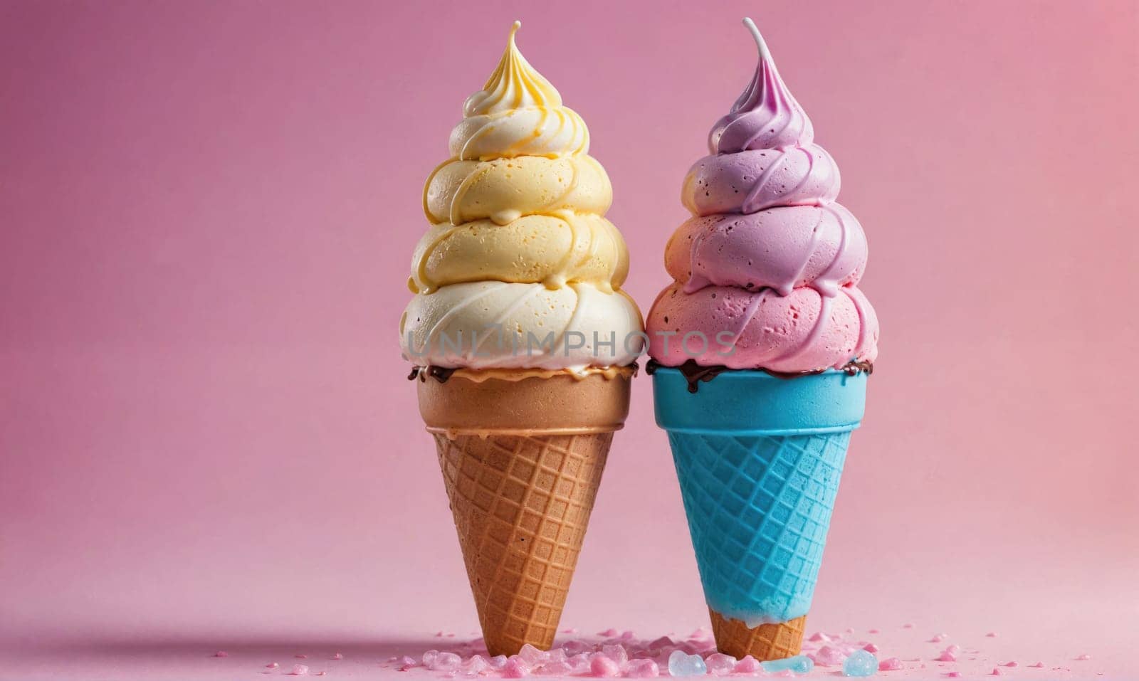 Two ice cream cones, one with yellow ice cream and a brown waffle cone and another with pink ice cream and a blue waffle cone, are standing on a pink background.