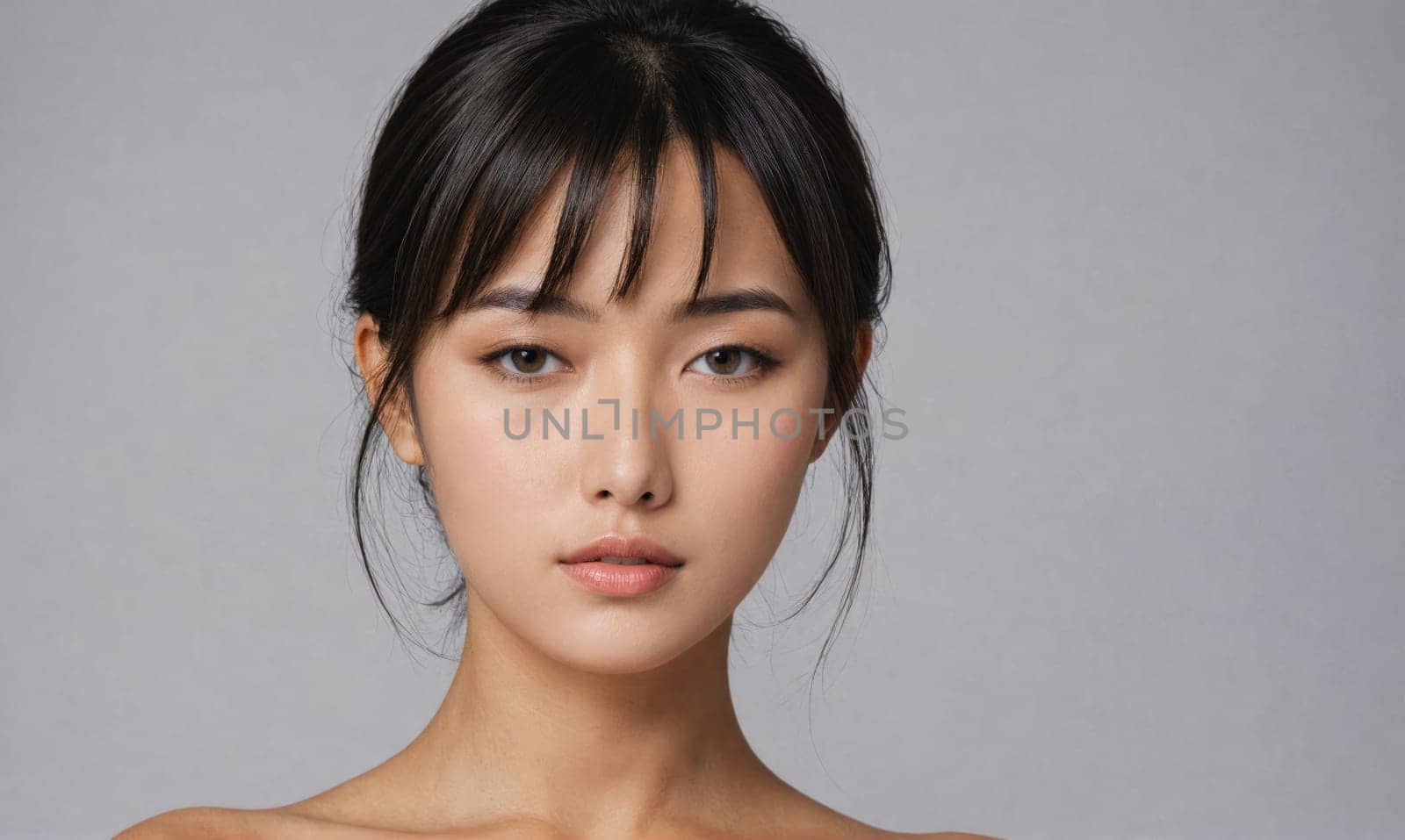 A woman with long, dark hair pulled back and styled with bangs looks directly at the camera with a neutral expression. Her skin is clear, and she has a soft, natural makeup look.