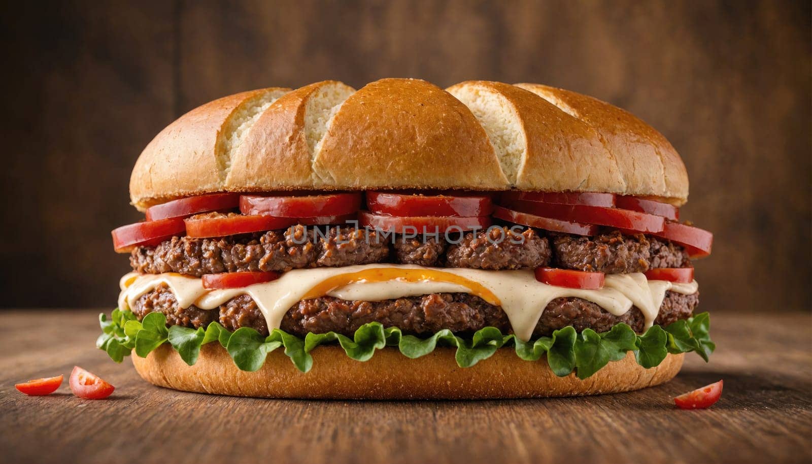 A large, juicy hamburger with two beef patties, cheese, tomatoes, lettuce, and a toasted bun sits on a wooden table. There are a few slices of red pepper beside it.