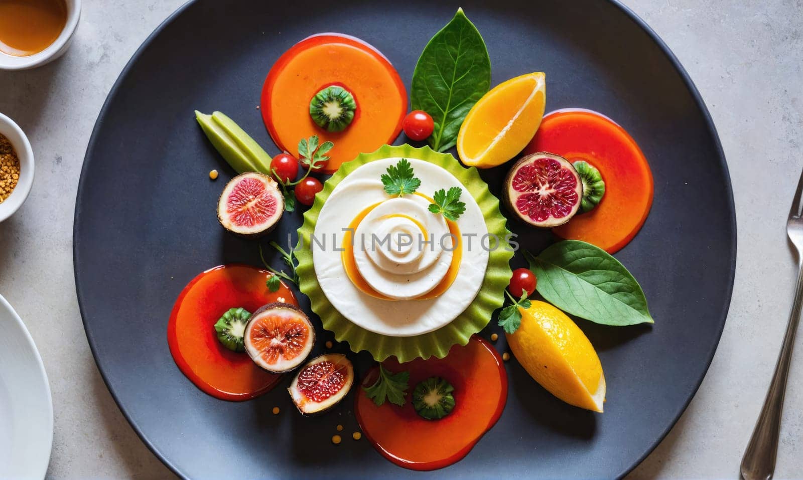 A plate of food arranged in a colorful and artistic pattern. It features figs, avocado, orange, and a white creamy dessert topped with parsley.