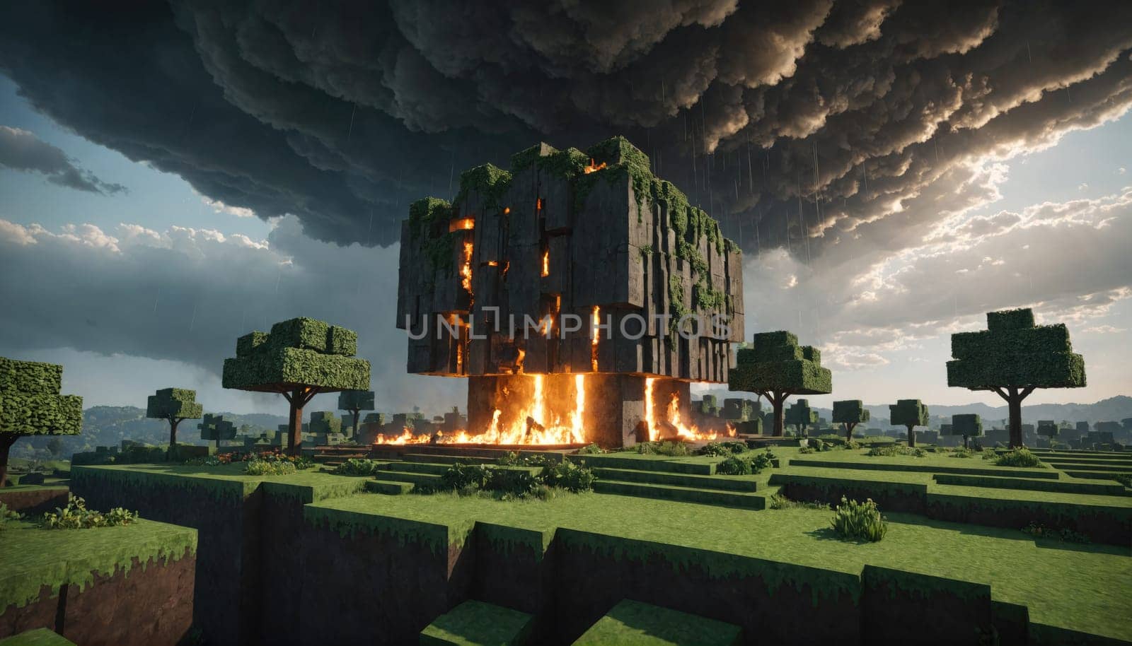 A large, cubical structure made of stone is on fire in a Minecraft world. The structure is overgrown with vegetation, and the sky is dark and stormy. The structure is surrounded by grass and trees.