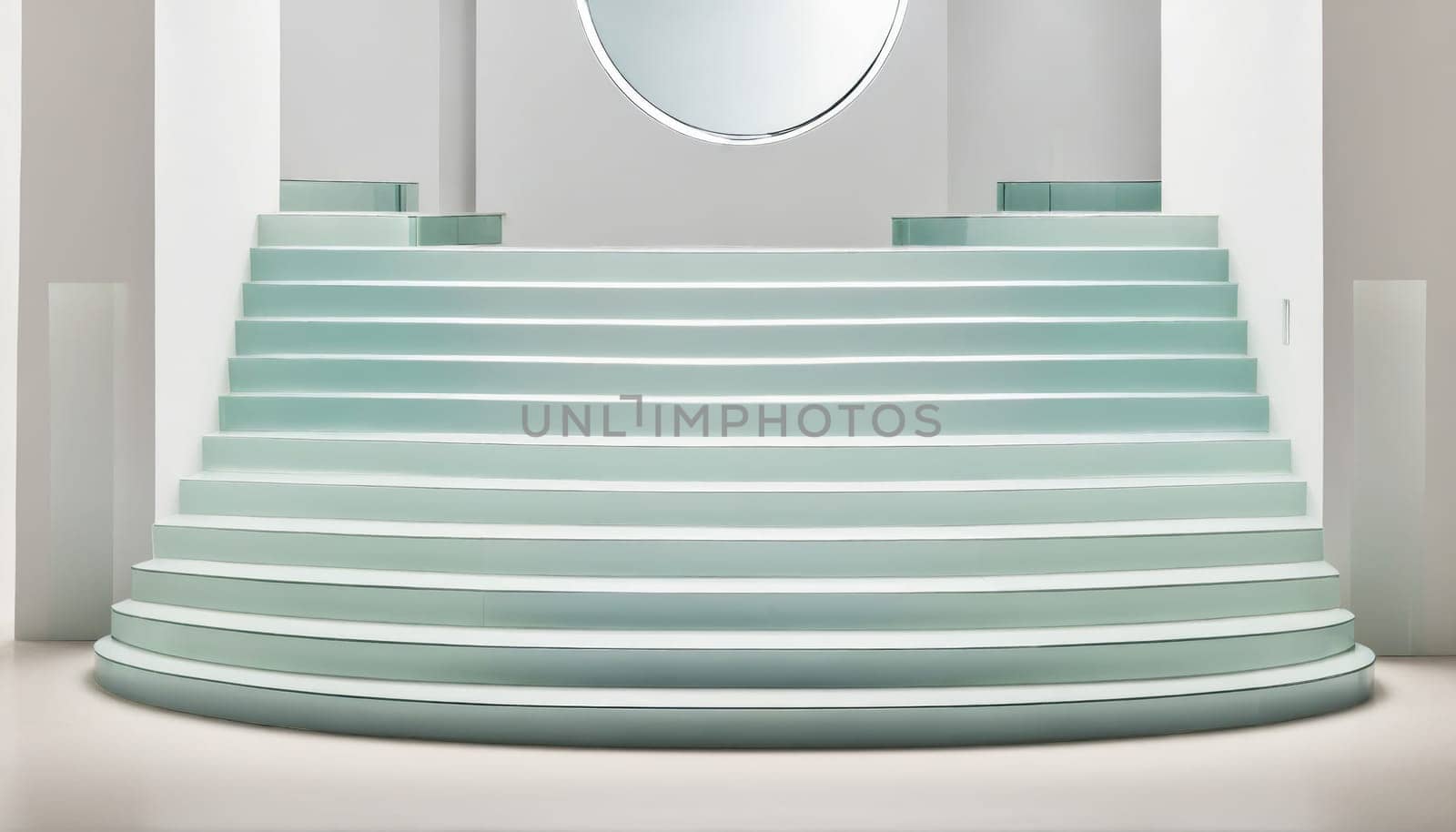 A curved staircase made of frosted glass in a minimalist room. The steps are white and the walls and ceiling are white as well. There is a circular window at the top of the staircase.