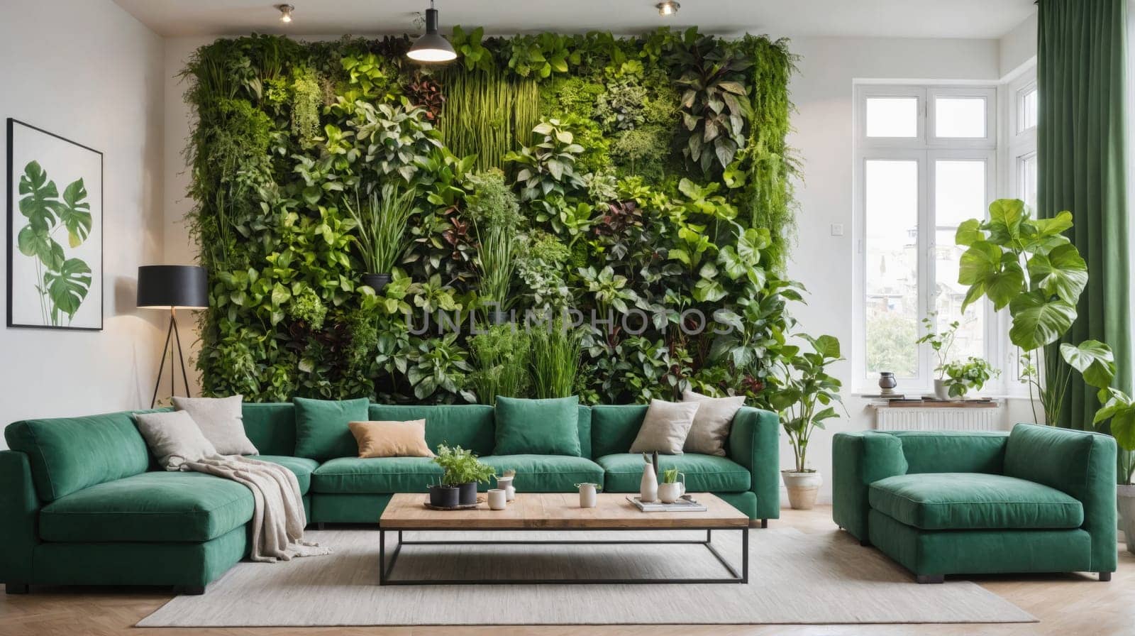 A modern living room features a green sectional sofa with plush cushions and a throw blanket.