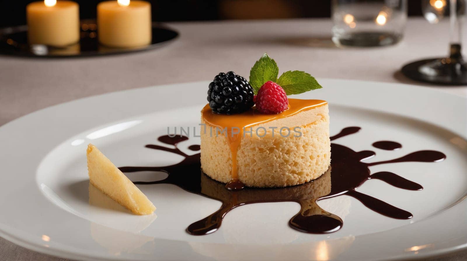 A white plate with a small, round cake decorated with a blackberry, raspberry, and a drizzle of caramel. The cake is sitting on a splatter of chocolate sauce.