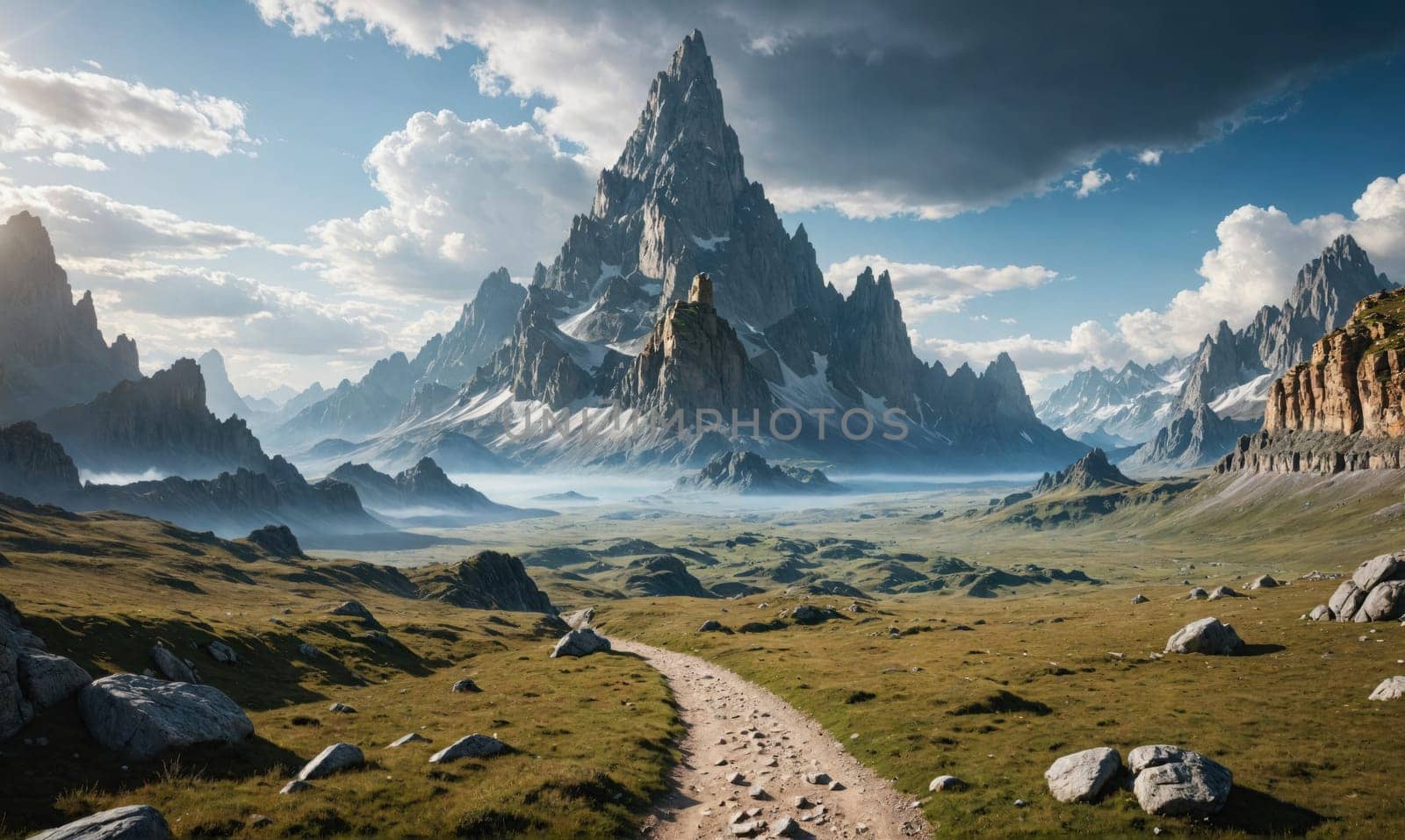A dirt path winds its way through a grassy valley, with a massive, snow-capped mountain in the distance. The sky is a clear blue with fluffy white clouds.