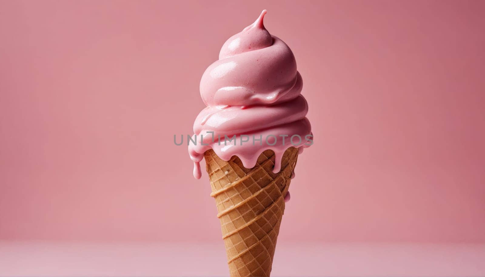 A pink ice cream cone is melting on a pink surface. The ice cream is dripping down the sides of the cone.