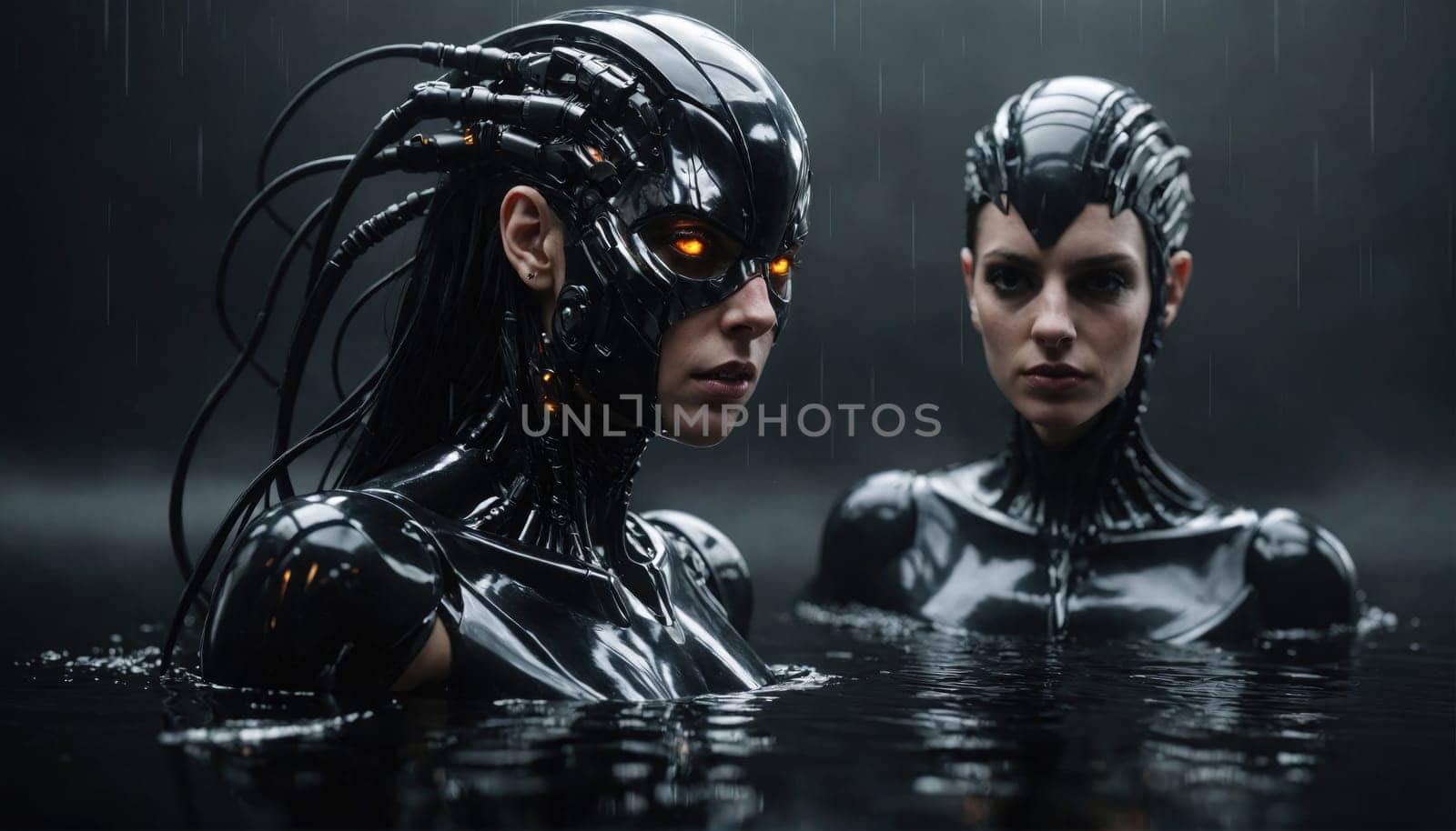 Two cyborgs, both with black metallic skin and complex wiring systems, stand in a body of water. The water is dark and appears to be raining lightly.