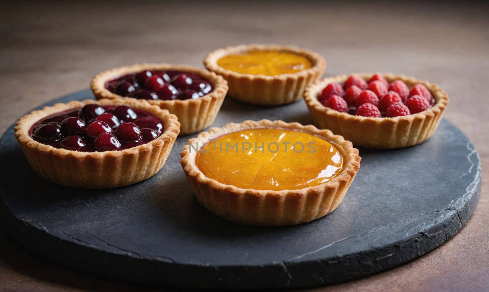 Four small tarts with different fruit fillings are displayed on a round, dark slate platter.