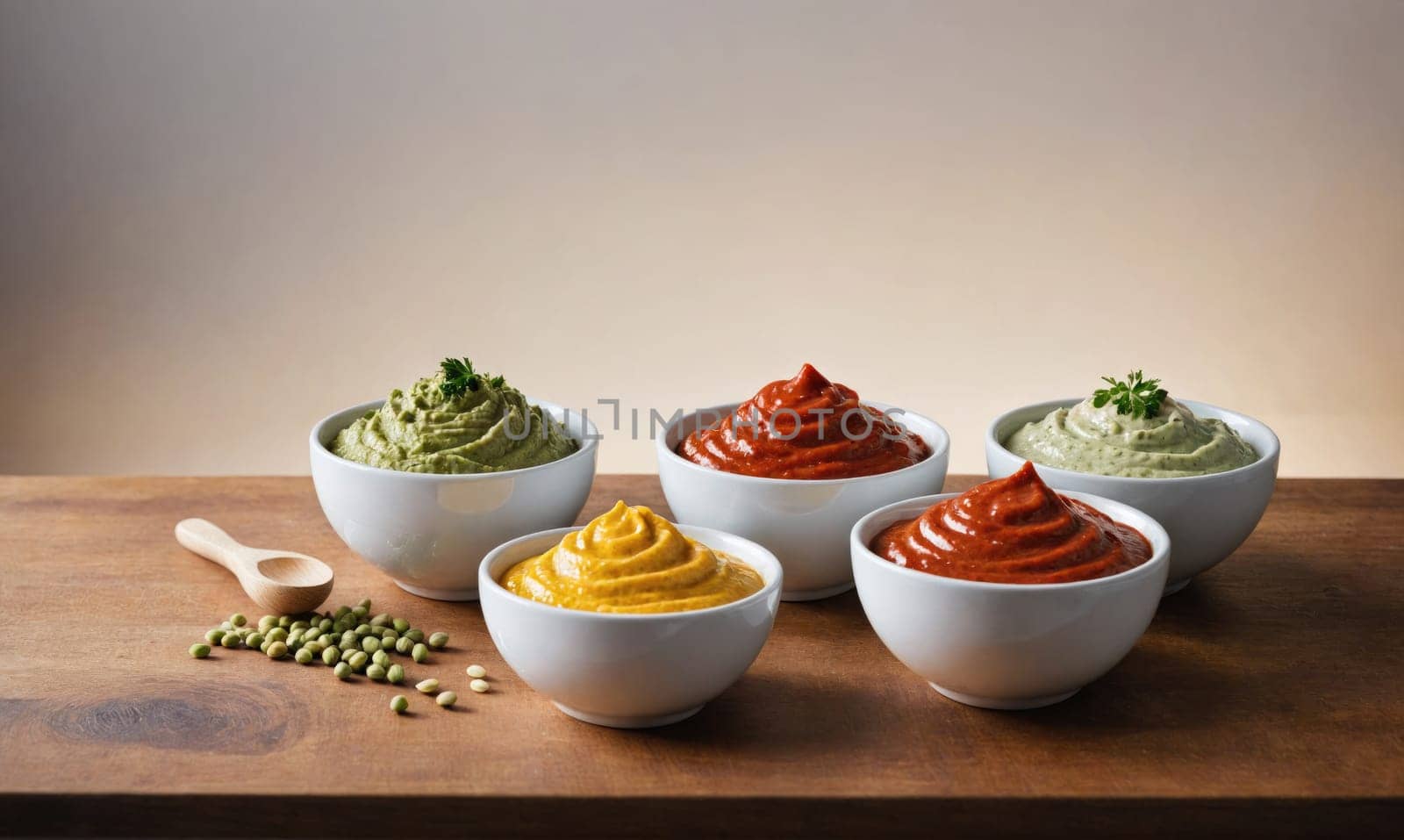 Four bowls filled with various dips are displayed on a wooden surface. The dips are green, yellow, red, and white, and there are green peas scattered on the table in the foreground.