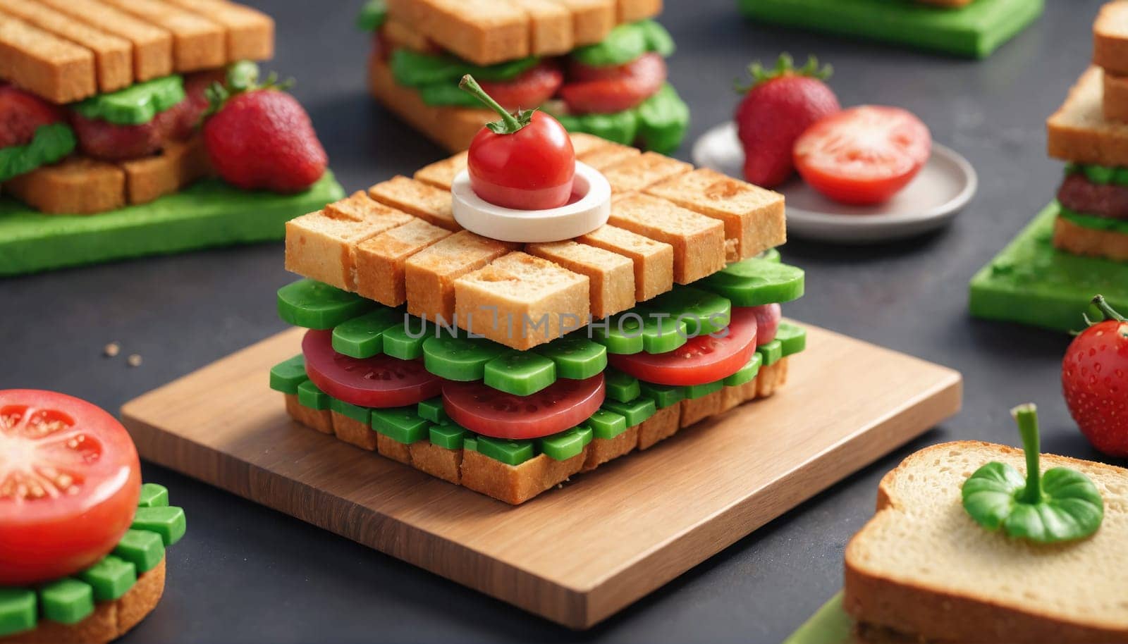 A detailed image of a creative sandwich featuring multiple stacked pieces of bread, tomato slices, and lettuce leaves.