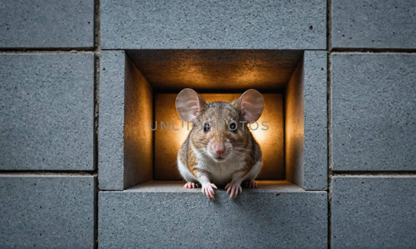 A brown mouse is looking out from a small opening in a gray concrete wall. The mouse has large ears and a small, pointed nose. The wall is made up of rectangular blocks with smooth surfaces.