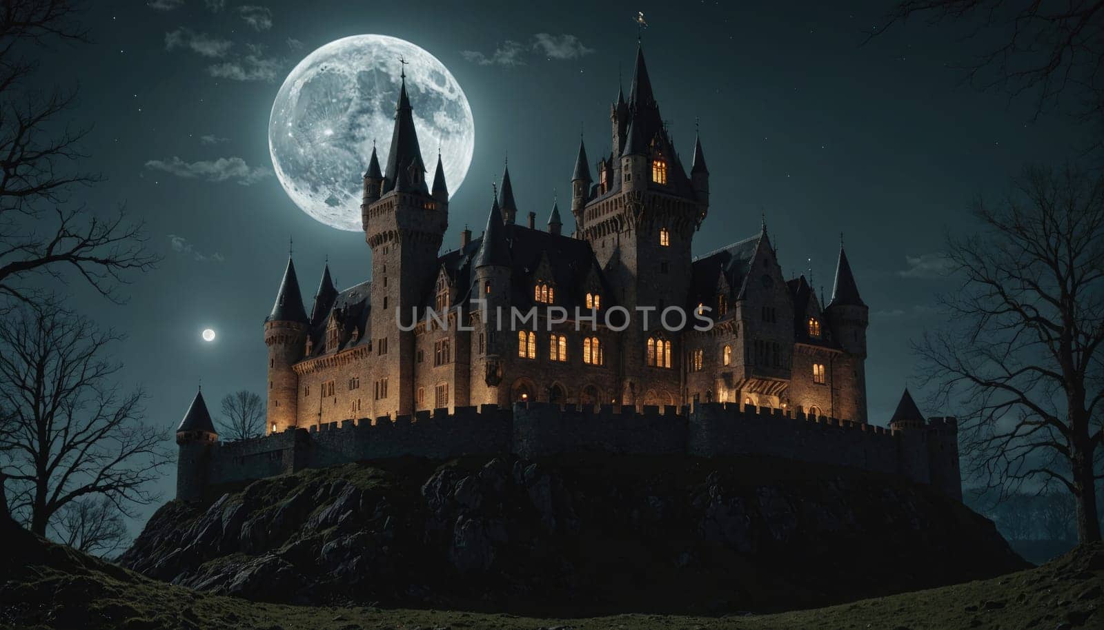 A stone castle with tall towers and a large, central building stands on a hill, bathed in the pale light of a full moon. The sky is dark and star-filled, and a few bare trees stand in the foreground.