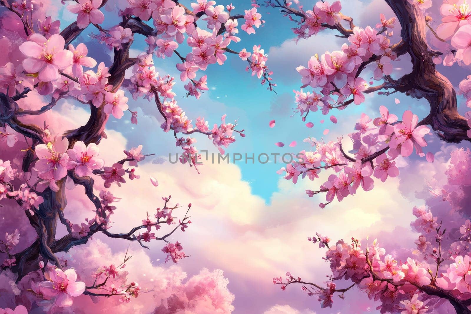 spring border or background art with pink blossom beautiful nature scene with blooming tree and sun flare.