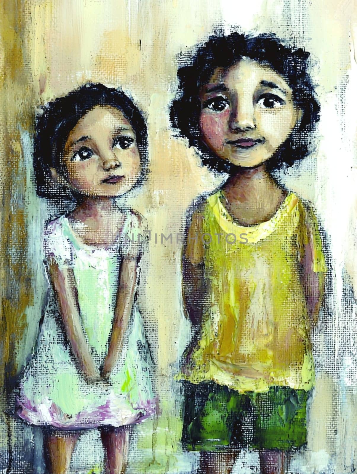 This charming naive painting depicts two young children waiting patiently, their big brown eyes reflecting a sense of hope and innocence