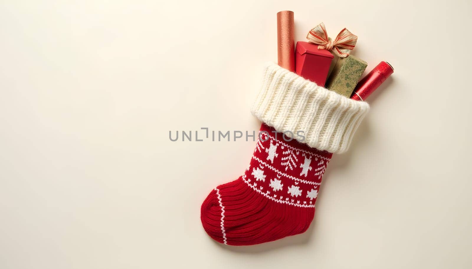 A colorful Christmas stocking filled with small toys and candies, isolated on a light background, capturing the festive spirit and holiday charm