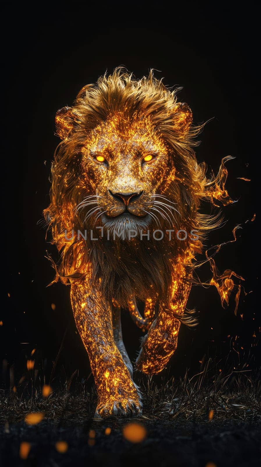 Majestic lion surrounded by fiery, golden flames, creating a powerful, mystical atmosphere. isolated dark background..