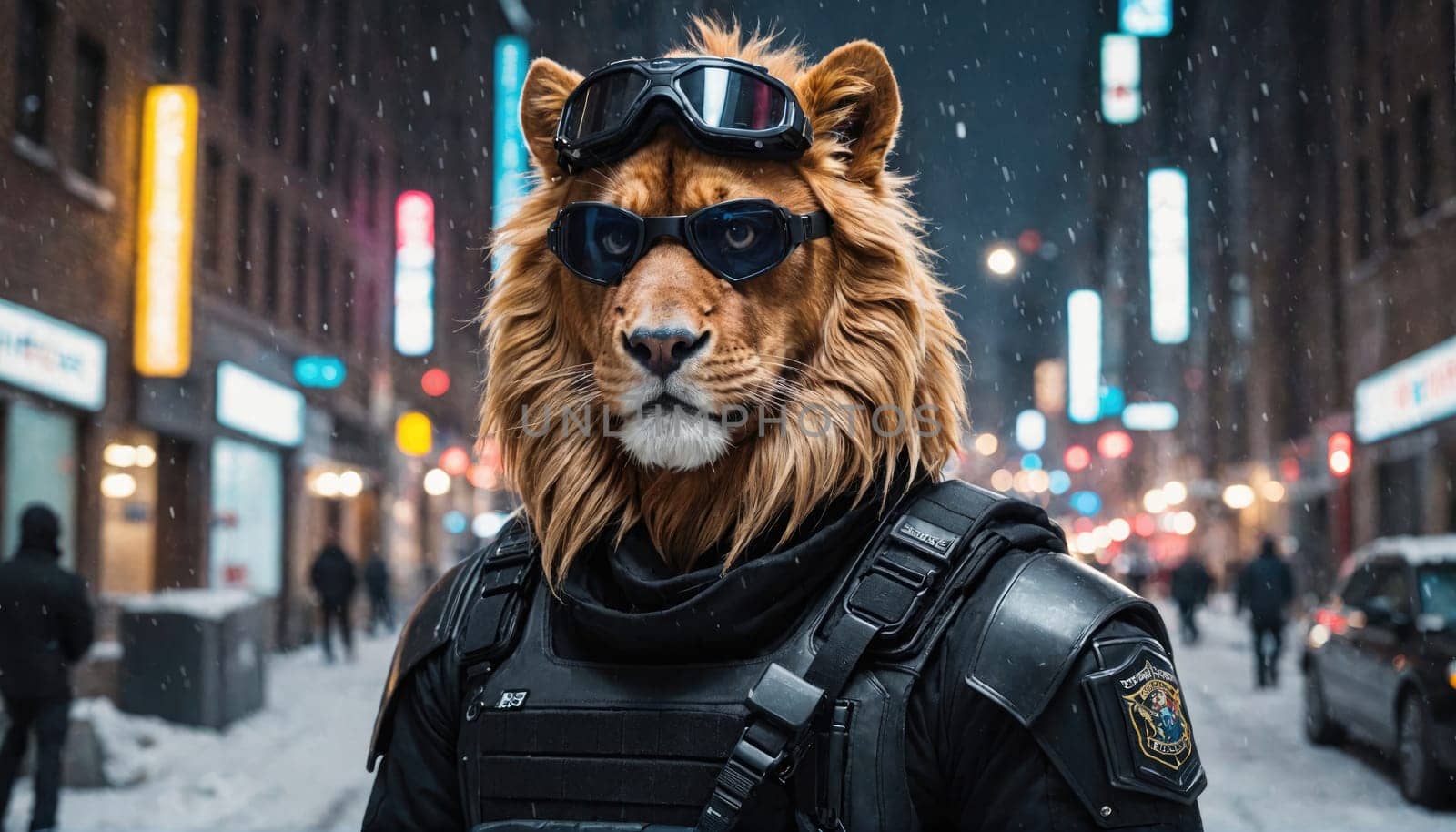 A lion with a mane, wearing dark sunglasses and a black tactical vest, stands in the middle of a snowy city street.