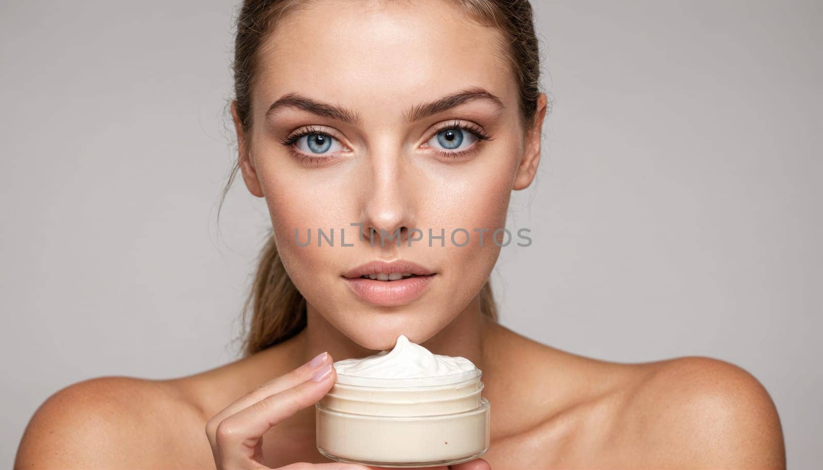 A woman with long brown hair pulled back in a ponytail holds a small white jar of cream in her hands. Her skin is smooth and free of blemishes.