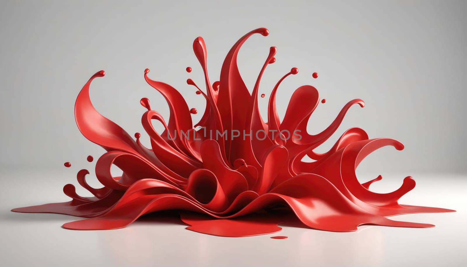 A vibrant, red paint splash frozen in mid-air creates a dynamic and abstract shape reminiscent of a flower. The splash is set against a stark white background, allowing the bold color to stand out.