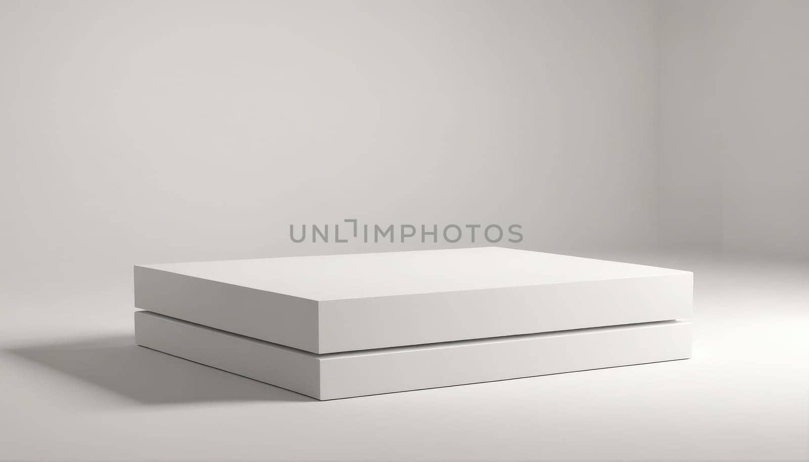 A white, rectangular pedestal sits on a white surface. The pedestal is made of two stacked squares.