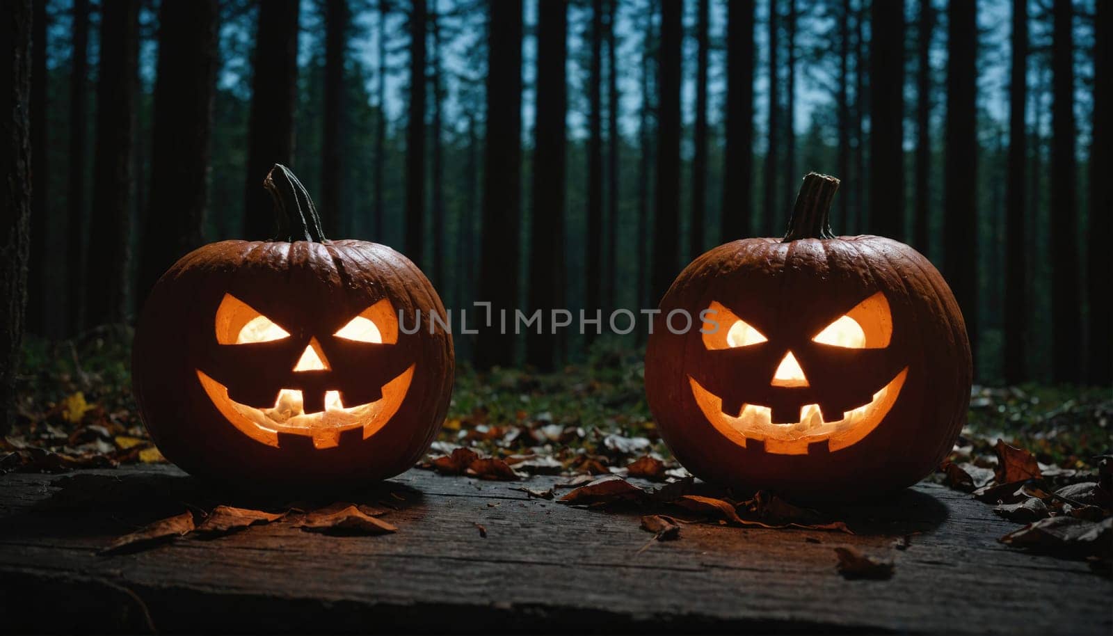 Two carved pumpkins with lit candles inside are placed on a wooden path in a dark forest. The pumpkins are facing each other, and there are leaves scattered around them.