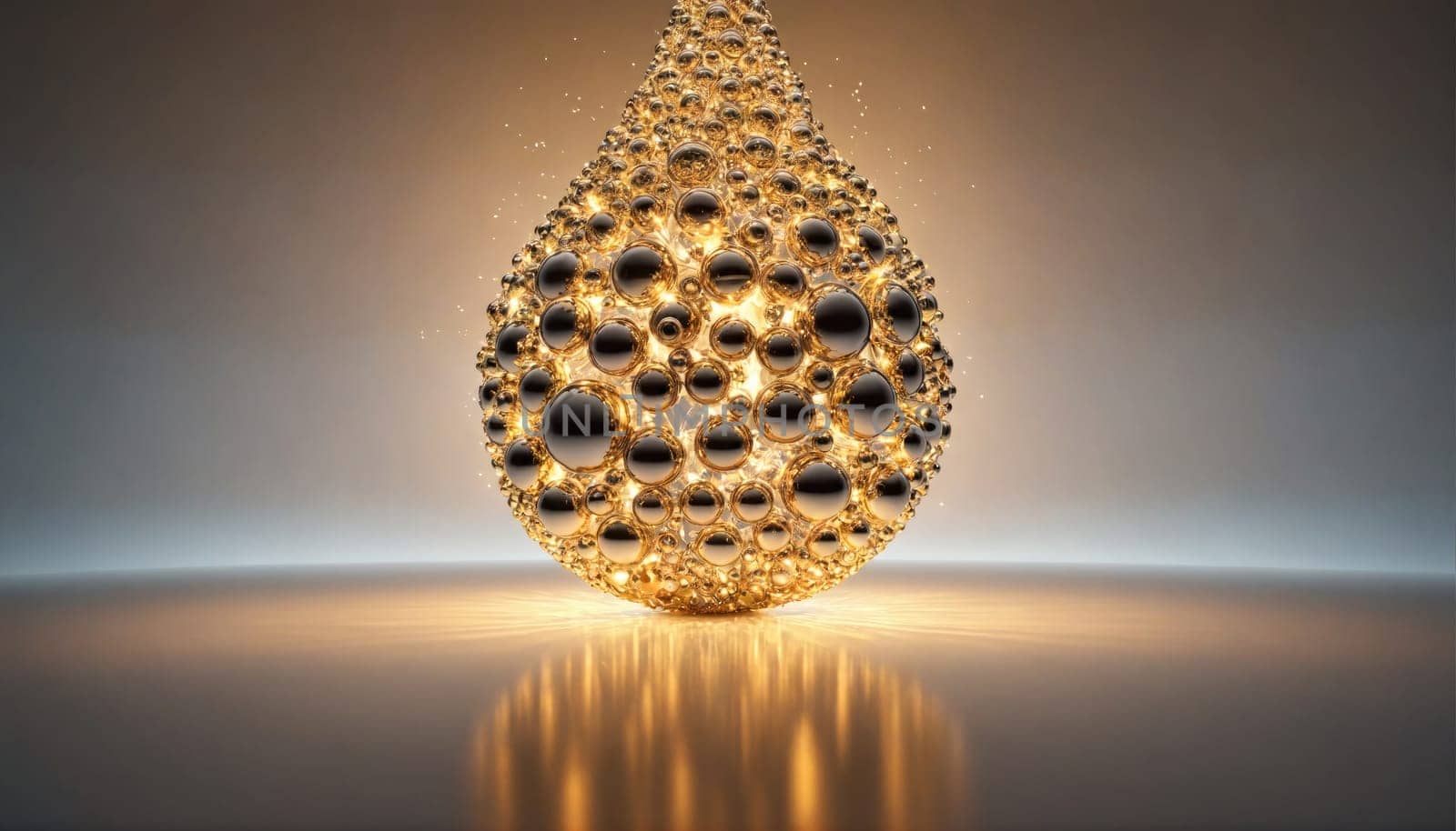 A large, golden sphere composed of numerous smaller spheres rests on a smooth, reflective surface. The spheres glow with a warm, golden light, casting a reflection on the surface below.
