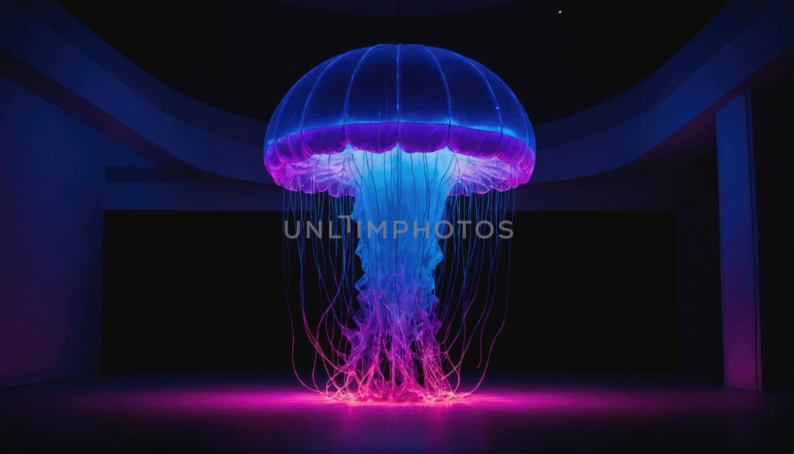 A large jellyfish sculpture hangs in a room with dark walls and a pink and blue light emanating from the jellyfish's translucent body and tentacles.