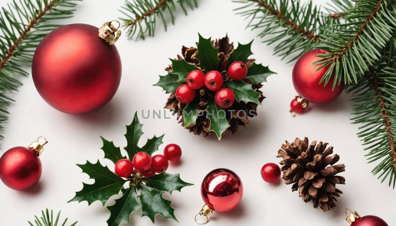 Several red ornaments, holly sprigs, and pine cones are arranged on a white background.