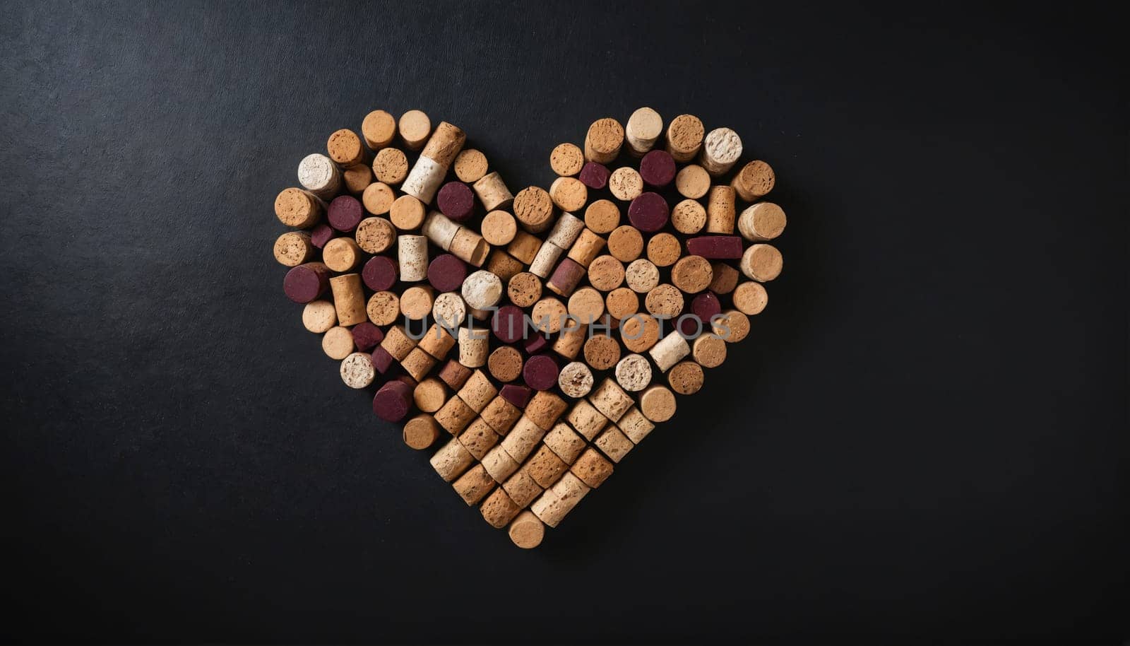 A heart shape is created on a black background using a collection of wine corks.