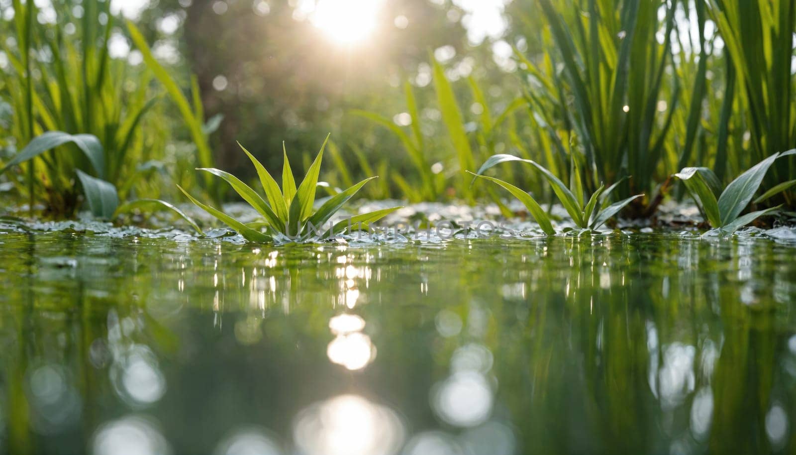 A close-up shot of green aquatic plants in a pond or lake, with sunlight reflecting off the surface of the water. The plants are in the foreground, with a blurred background of more greenery.