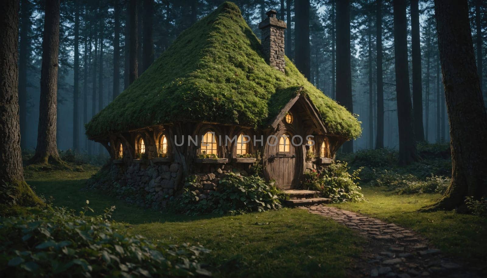 A small cottage with a moss-covered roof sits in a dense forest. The cottage has several windows with warm light shining out. A stone path leads to the front door.