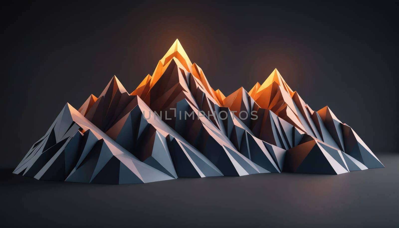 A low-polygon model of a mountain range rendered in 3D. The mountains are composed of sharp, triangular shapes and are lit from within with a warm, orange light.