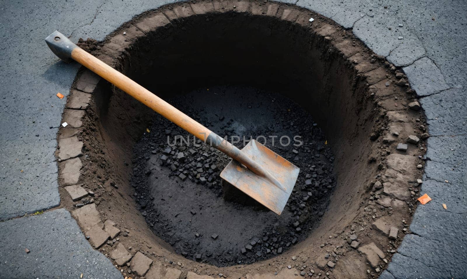 A shovel rests in the bottom of a large hole dug in asphalt.