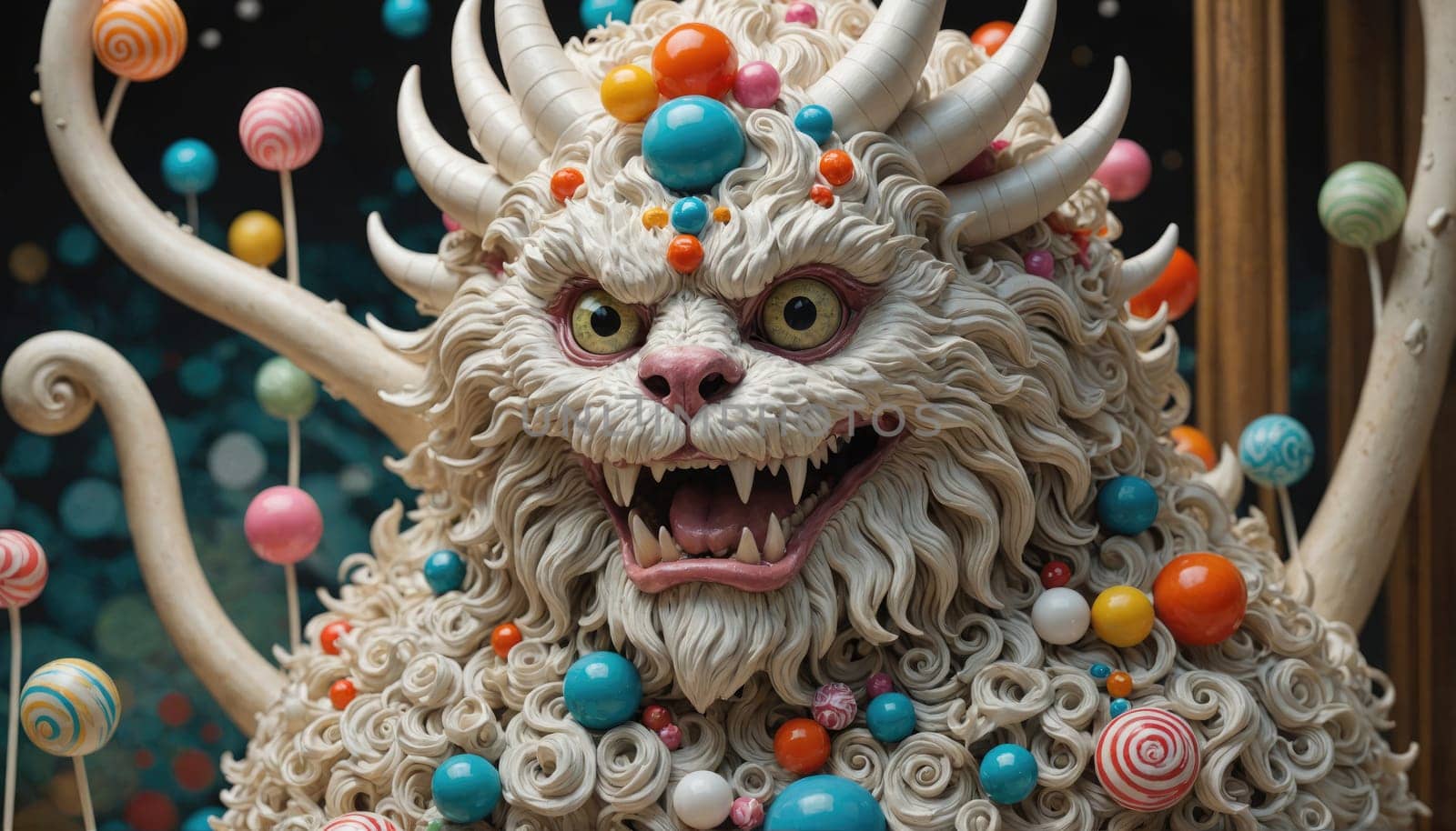 A detailed sculpture of a furry, white monster with large, open jaws and sharp teeth.