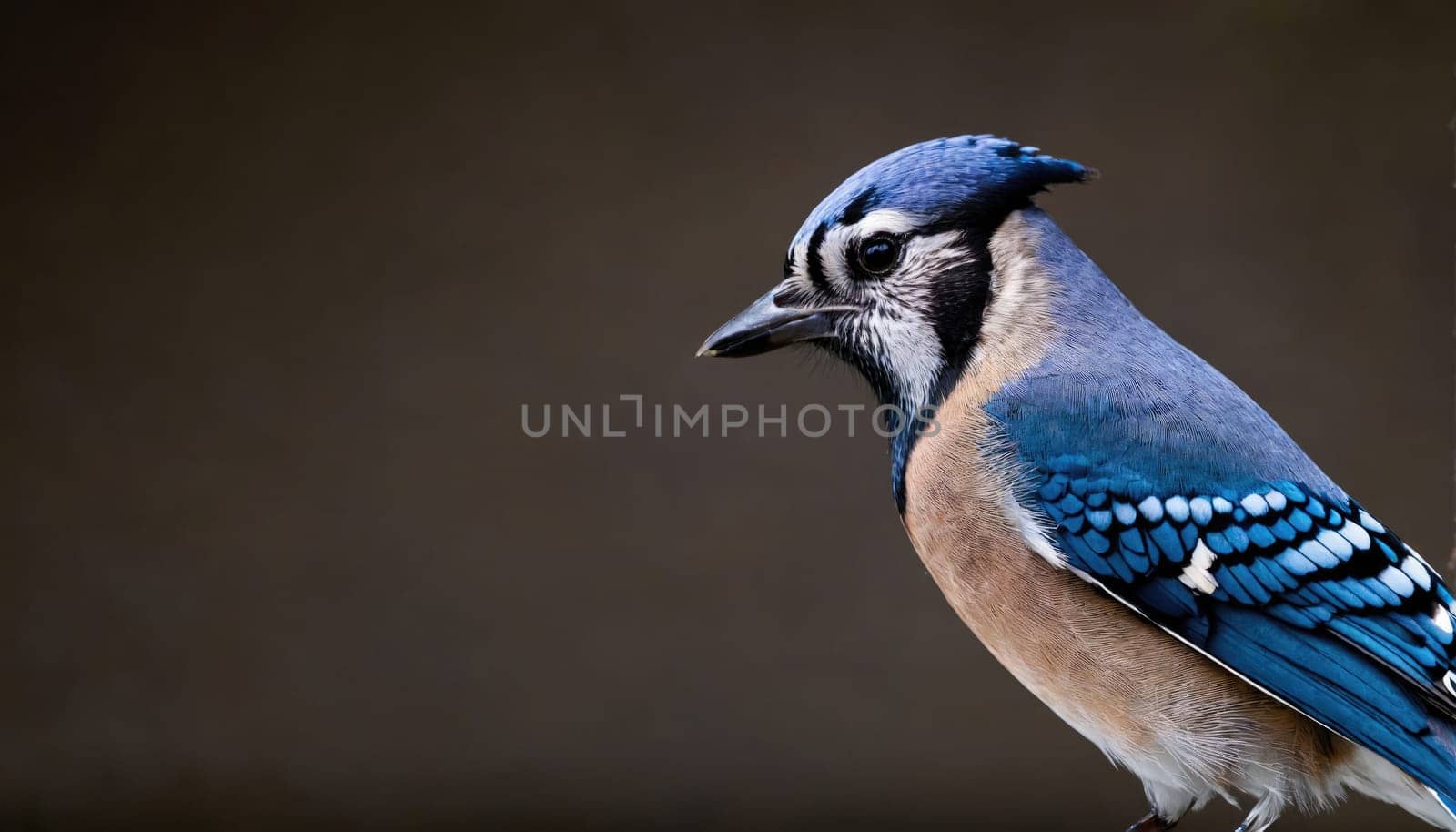 A blue jay perches on a branch, its blue and white feathers visible against a brown background.
