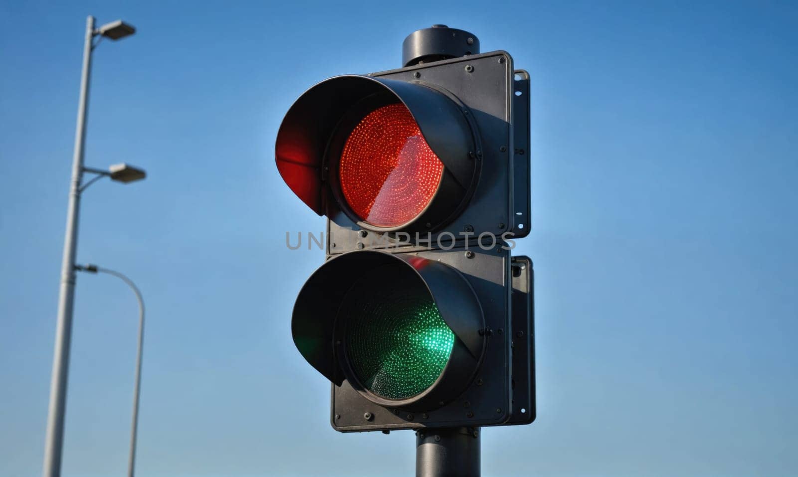 A traffic light with a red light on top and a green light on the bottom is mounted on a pole against a clear blue sky. There are streetlights in the background.