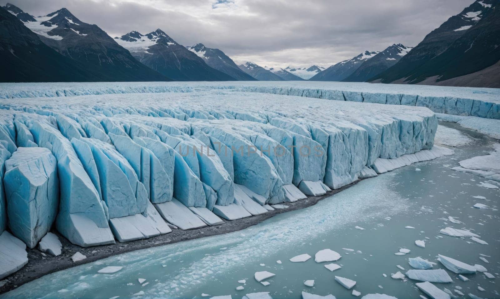 A glacier, frozen and expansive, lies beneath a cloudy sky. The glacier's surface is cracked into numerous formations, with jagged peaks and smooth, rounded shapes.