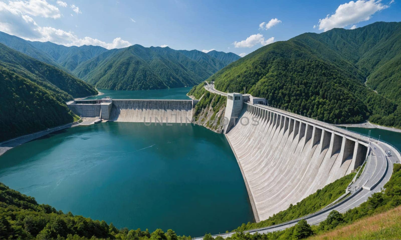 A large dam sits nestled in the mountains, forming a reservoir of water. Green hills surround the lake on both sides. The sky is blue with fluffy white clouds.